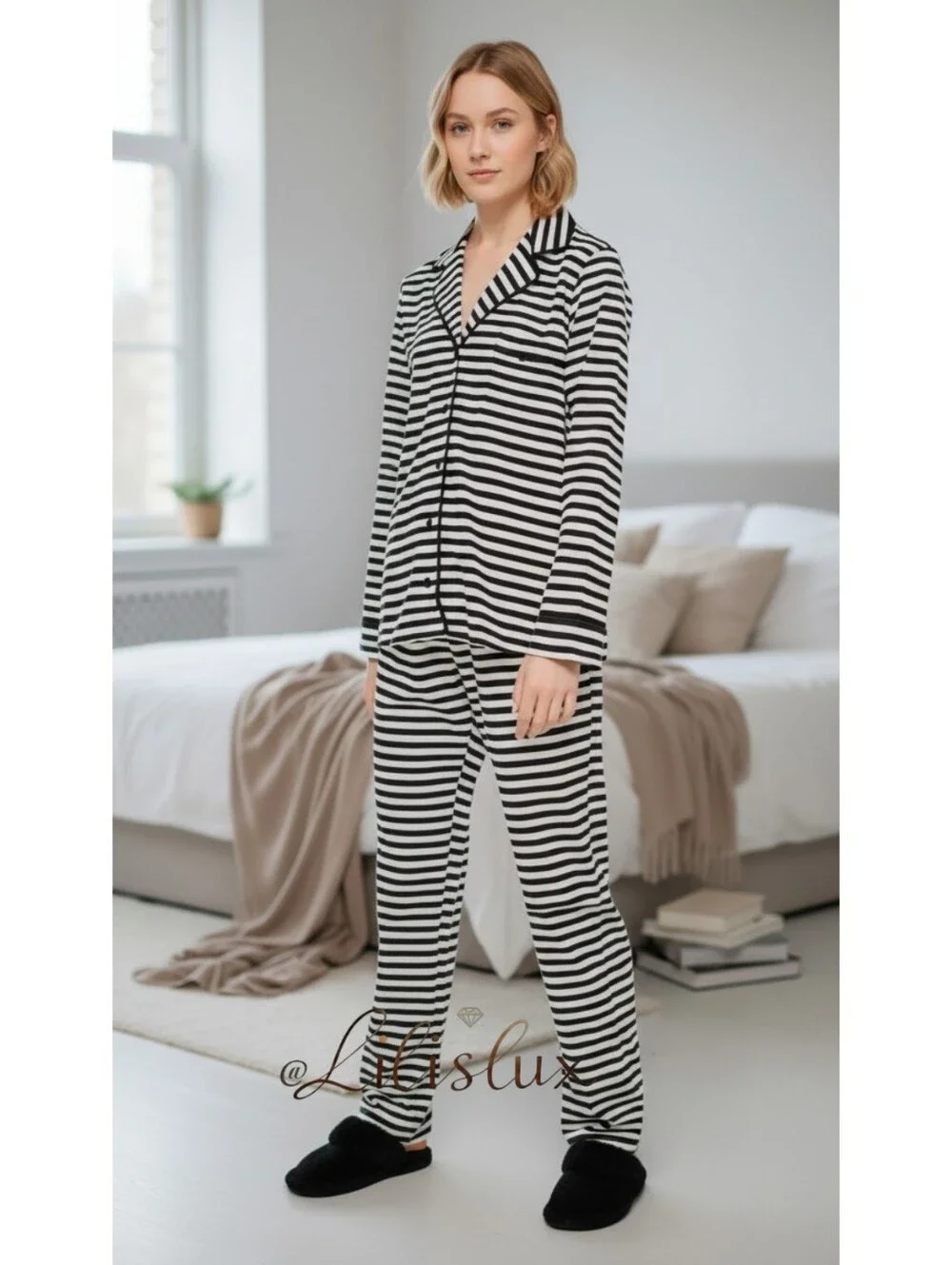 Kate Spade Black And White Striped Flannel Pajama Set Size Medium